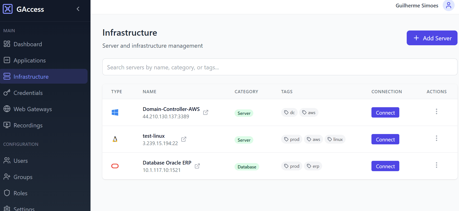 GAccess platform interface showing the privileged access management dashboard